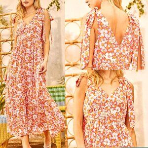 Emily Wonder 70s retro orange pink flower tie shoulder maxi dress